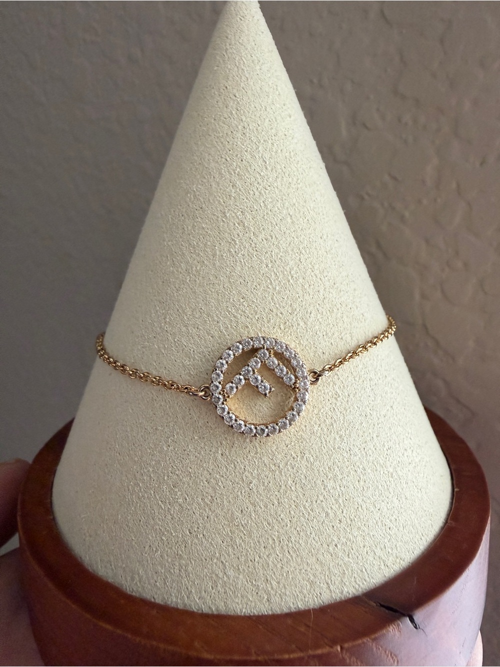 Authentic Fendi Rhinestone Pave Circle Bracelet Gold plated